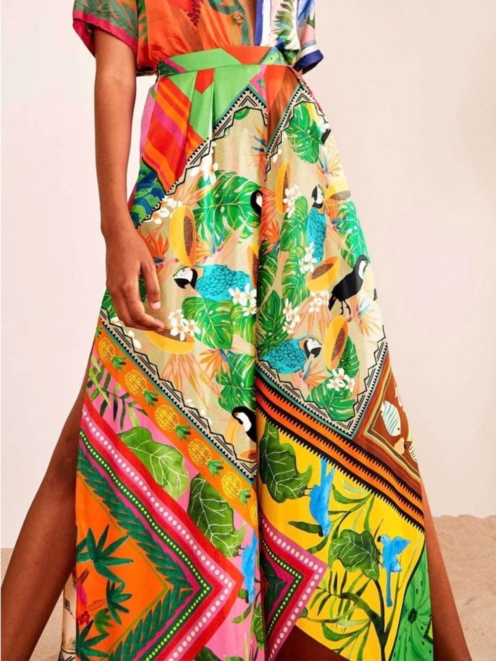 Farm Rio Mix Scarves Summer Pants Wide Leg Tropical Print Size Large